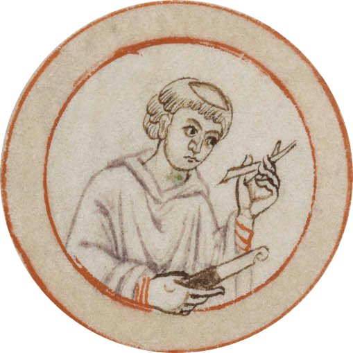 Medieval medallion illustration: cutting a quill pen